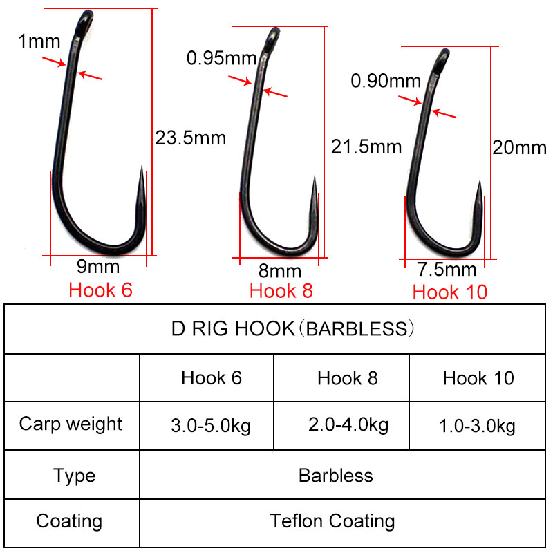 Carp Fishing Hooks Teflon Coating D Rig Hook Barbless Matt Black Carp Hook 6/8/10 Carp Fishing Accessories