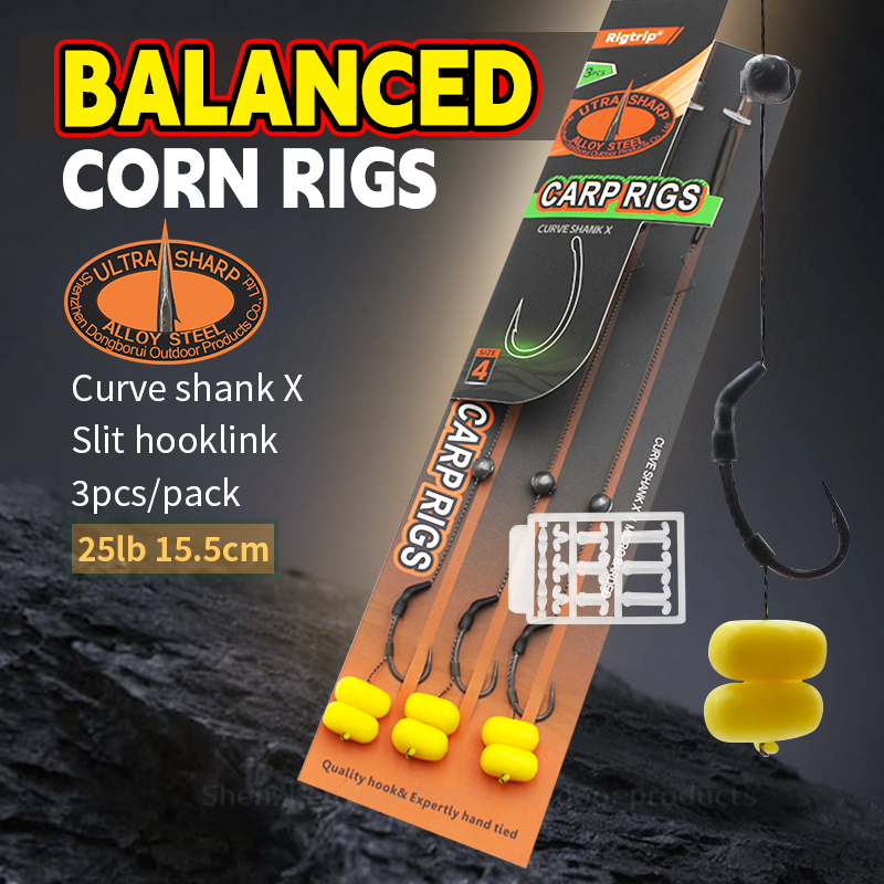 Carp Fishing Balanced Corn Rigs Curve Shank X Hooks Slit Hooklink Ready Made Rigs