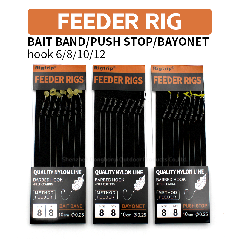Method Feeder Rigs with Bait Band/ Push Stop /Bayonet Quality Nylon Line Barbed Hook 6/8/10/12